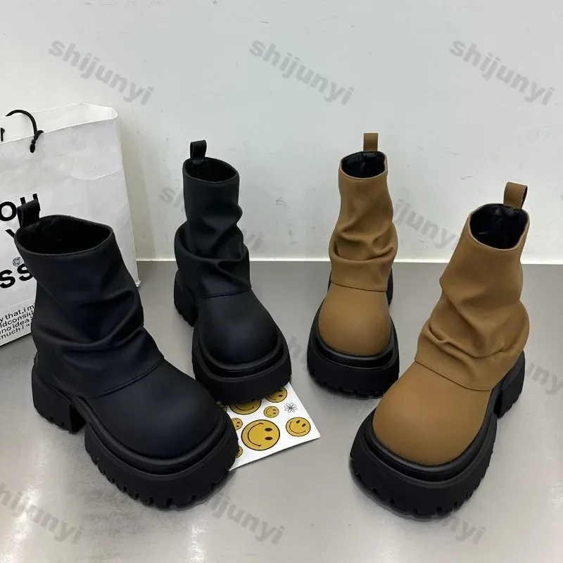 Women's Boots 2025 Spring New Round Toe Short Boots Platform Fashion Anti Slip Waterproof Comfortable Outdoor Trend Short Boots