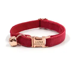 Personalized Cat Collar with Bell, Nameplate ID Metal Buckle, Adjustable Bright Red Velvet Cat Collars with Bell