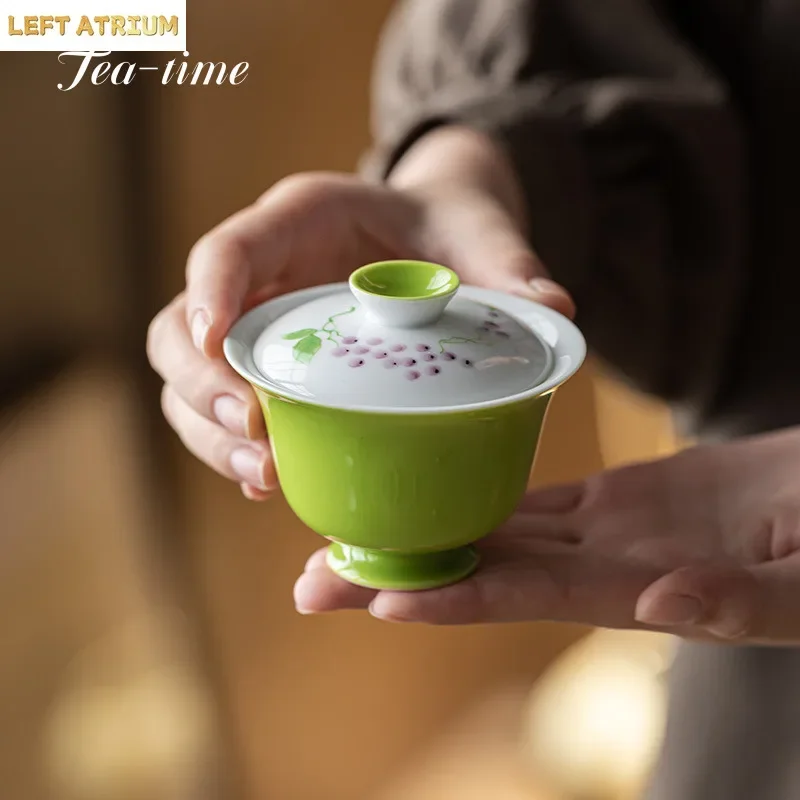 White Porcelain Gaiwan Tea Bowl Hand Painted Grape 100ml Cover Bowl Ceramic Kung Fu Set Tool Cup Gai Wan Supplies Chinese Oolong