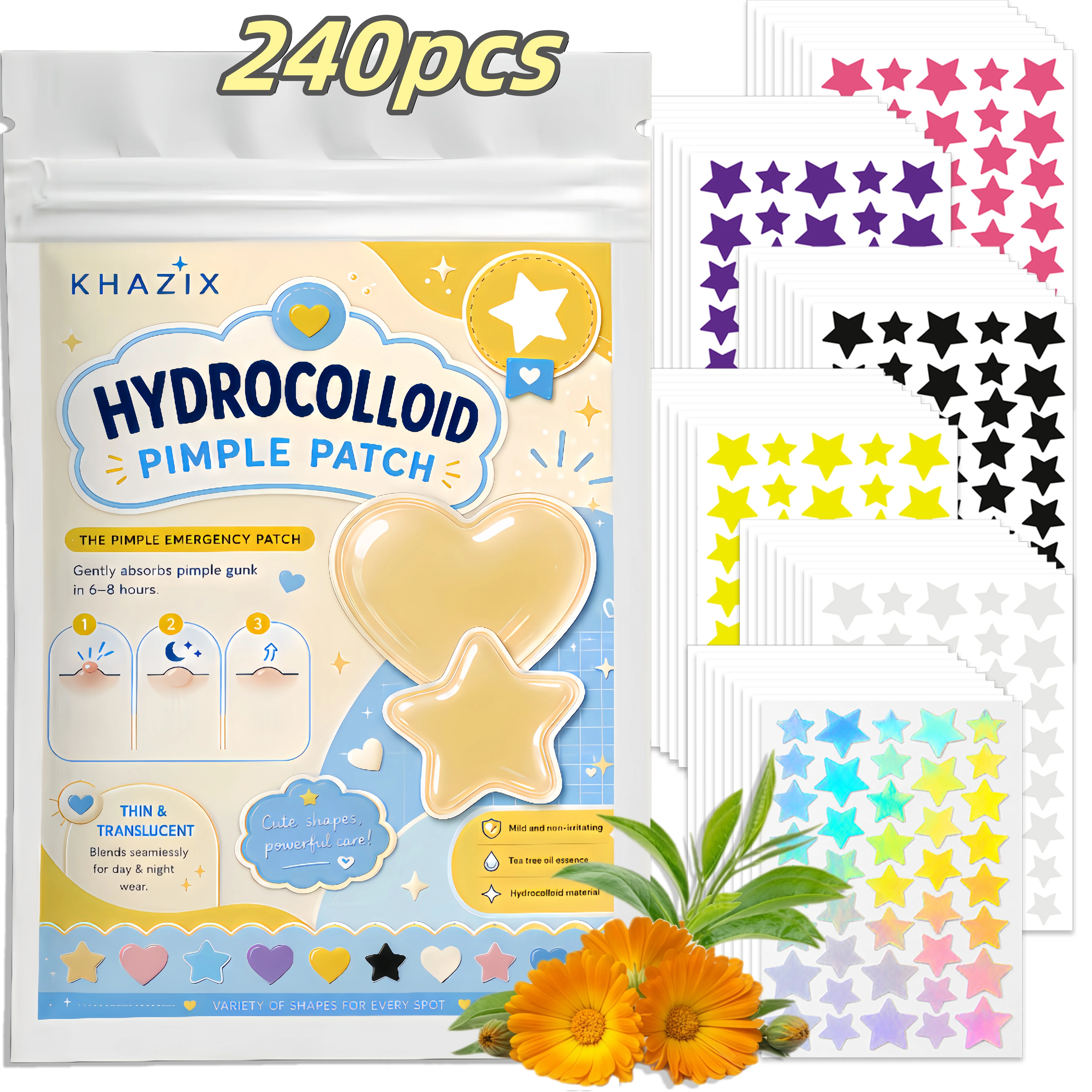 240 pcs Facial Star Pimple Patches in Multiple Sizes, Colorful, Invisible, Breathable, Concealing Blemishes.