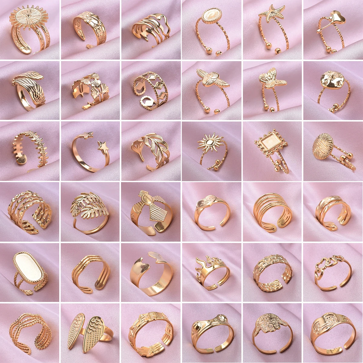 Wholesale 6pcs/lot Adjustable Stainless Steel Rings Starfish Devil\'s Eye Cross Leaves Cat Star Multilayer Rings No Fade Jewelry