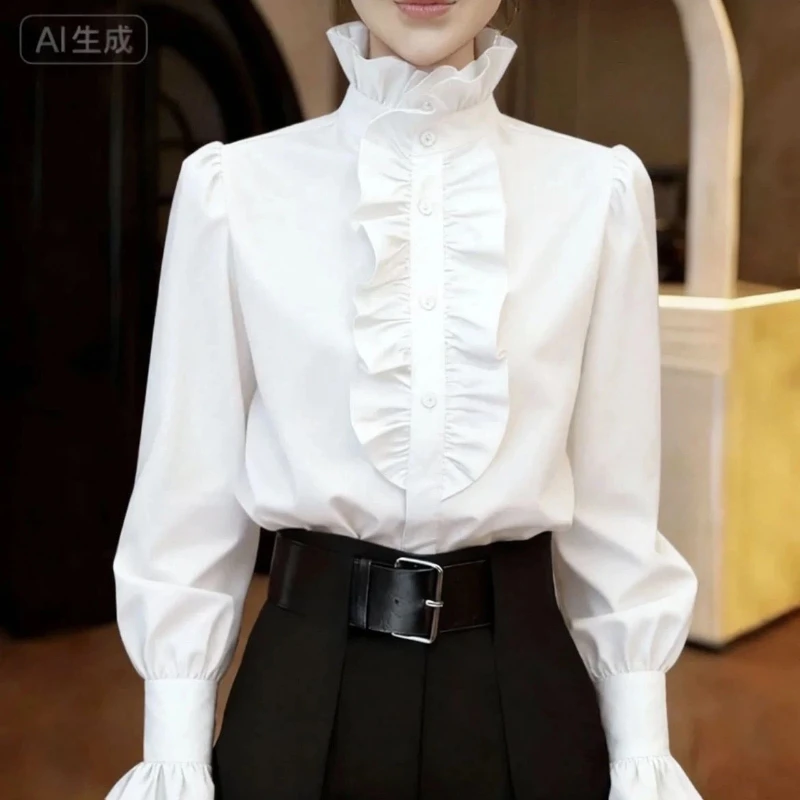 

Spring Autumn Ruffles Solid Simplicity Blouse Women Clothing Spring Autumn Long Sleeve All-match Vintage Shirts Fashion Office