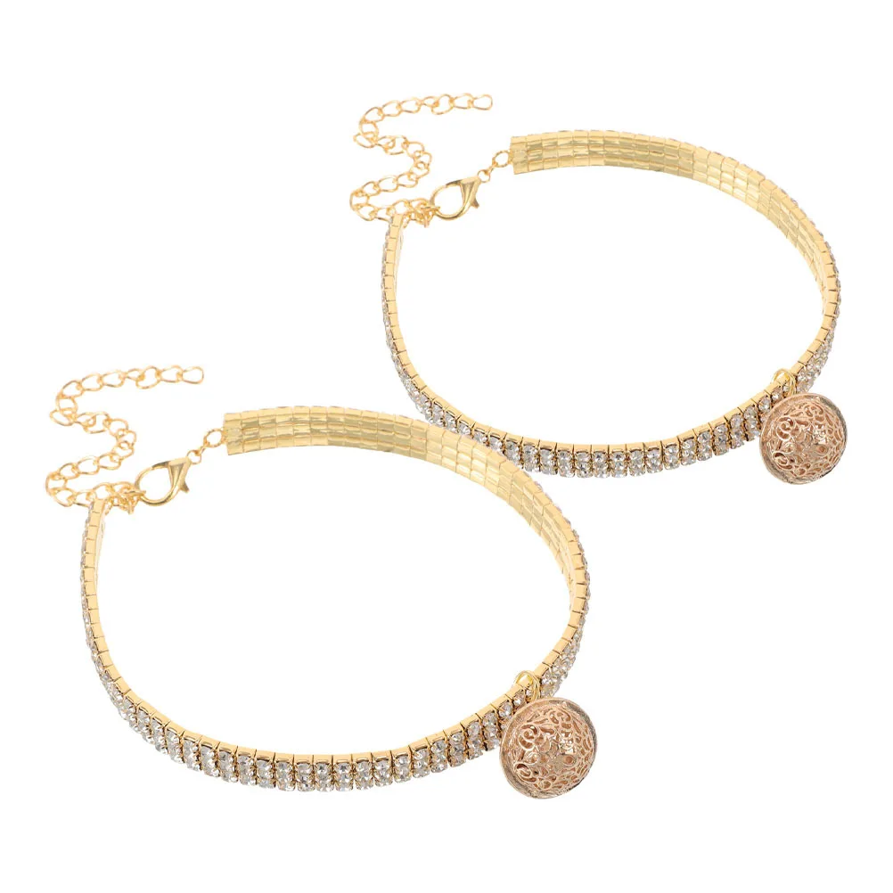 

2Pcs Sparkly Pet Collar Rhinestone Adjustable Dog Cat Necklace Hollow Bell Charm Accessory for Cats Small Dogs