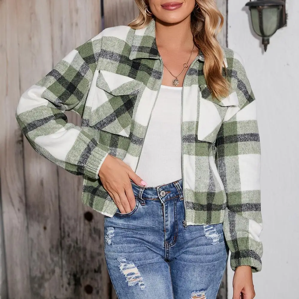 

Casual Short Style Elegant Commuting Fashionable Women's Printed Plaid Pockets Zippered Jackets Autumn and Winter