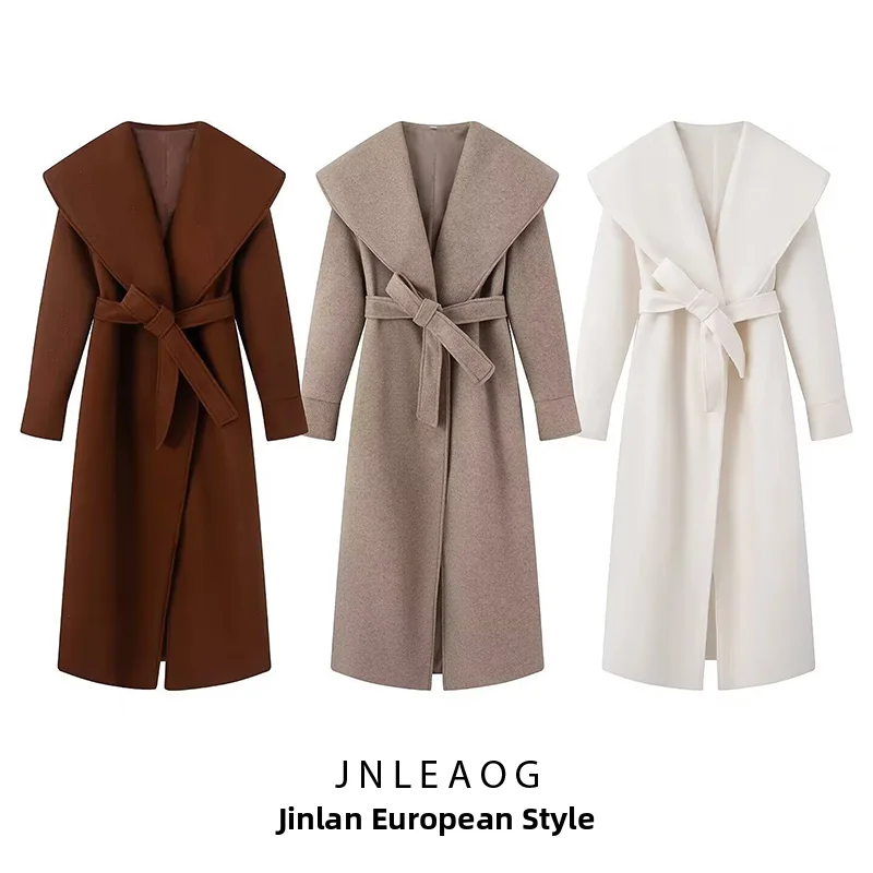 JNLEAOG Women's Casual Woolen Coat with Belt Large Collar Loose Fit Long Sleeve Autumn Winter Outerwear Fashion Trend