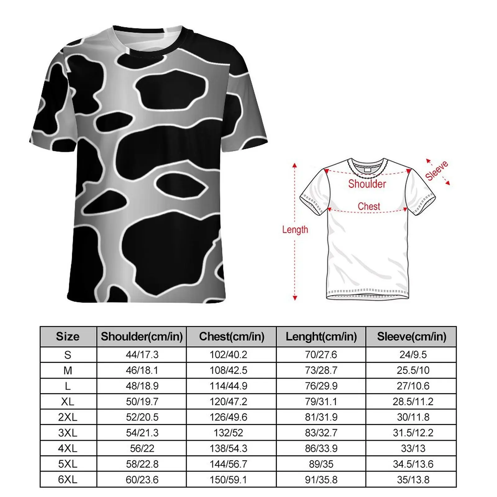 Plus Size T-Shirt Summer Black White Cow T Shirts Gray Gradient Faded Spots Streetwear O Neck Tshirt Man Hippie Custom Clothing