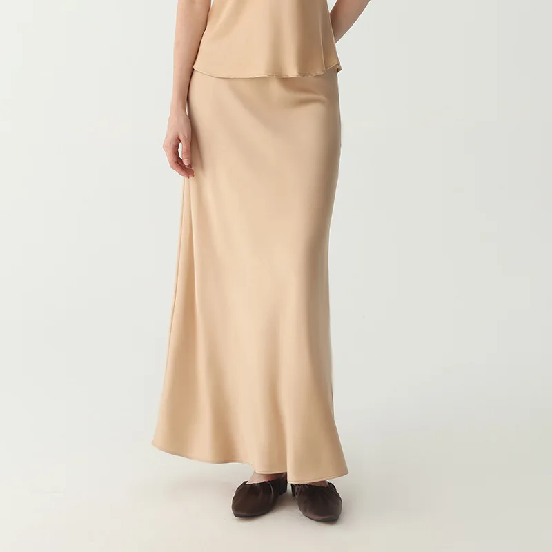 New 30MM 100% Mulberry Silk Long Skirt Women Solid Satin Mermaid Maxi Skirt Minimalist Elegant Commuter Party Slip Half Skirts