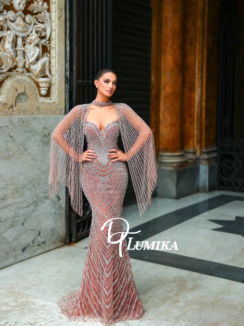 

Dazzling Mermaid Evening Dress With Cape Graceful Charming Tulle Customized Prom Gown Celebrity Banquet Luxury Women Wear