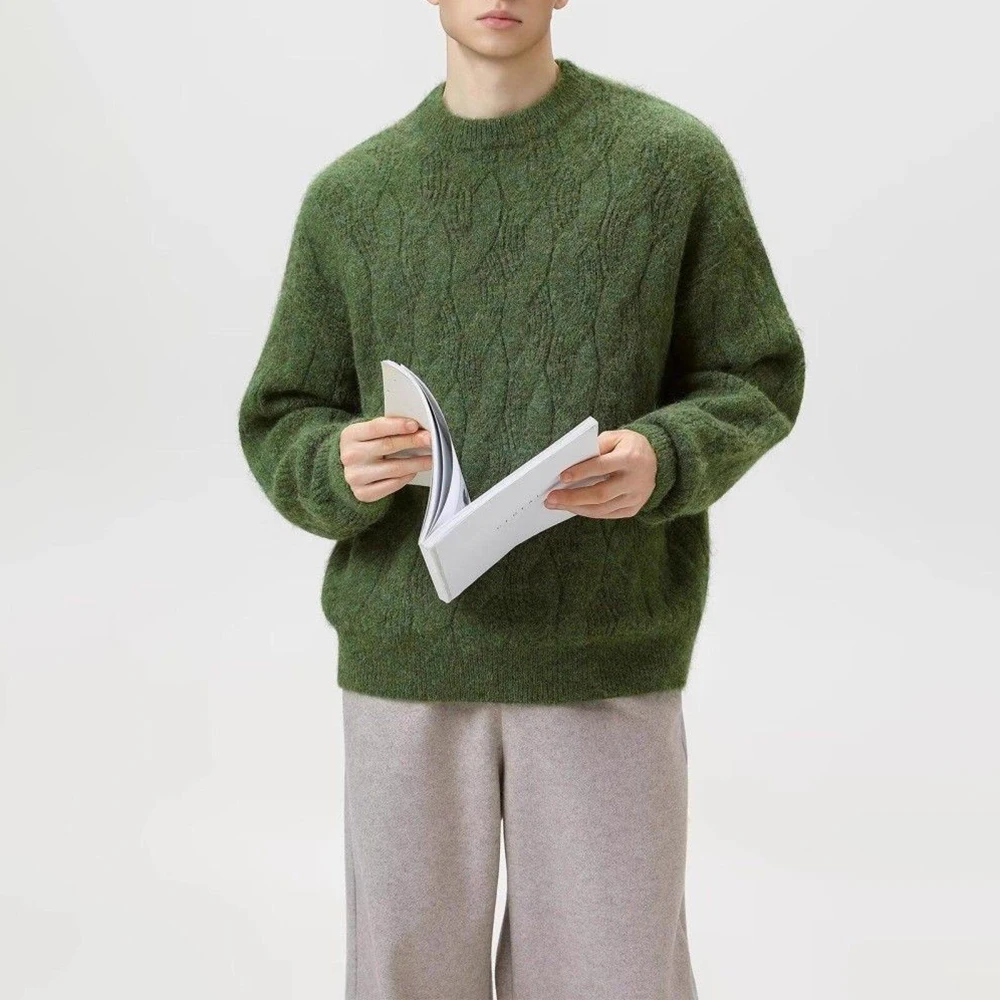 

2025 Winter New Men's Solid Color Long-Sleeved Sweater Unisex American Retro Fashion Trendy Casual Simple Loose Men's Top