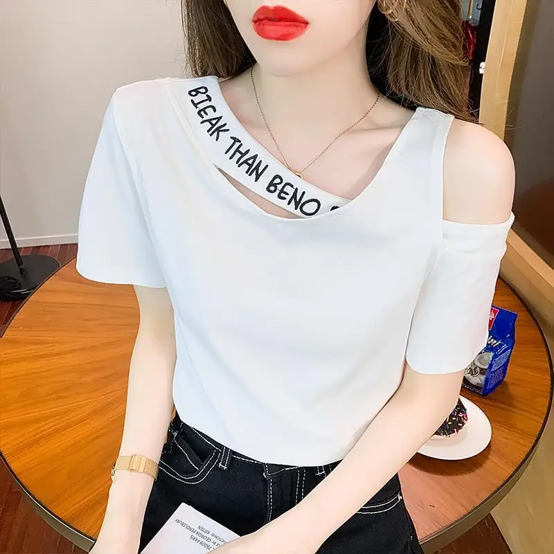 Fashion Skew Collar Spliced Hollow Out Letter Off Shoulder Blouse Female Clothing 2023 Summer New Casual Pullovers Sweet Shirt