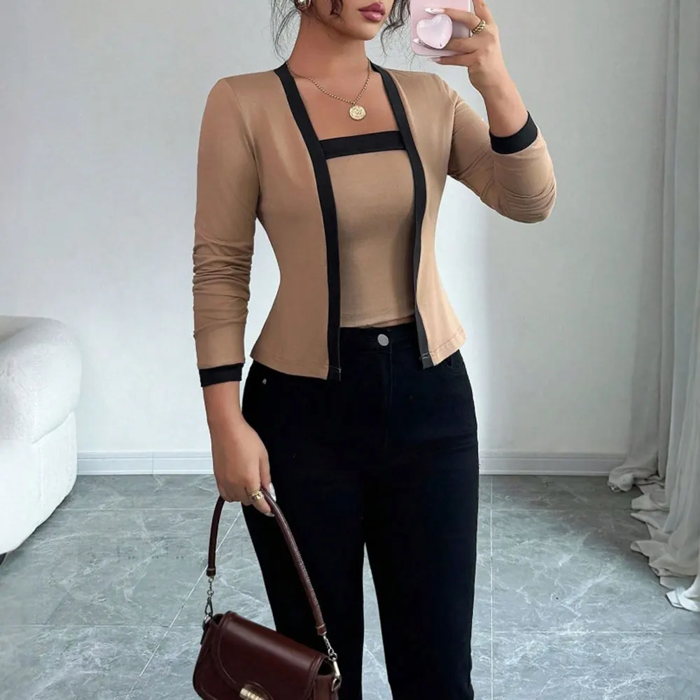 

Elegant Knitted Patchwork Ladies Open Cardigan Jacket And Vest Two-Piece Set Autumn New Arrival European Style