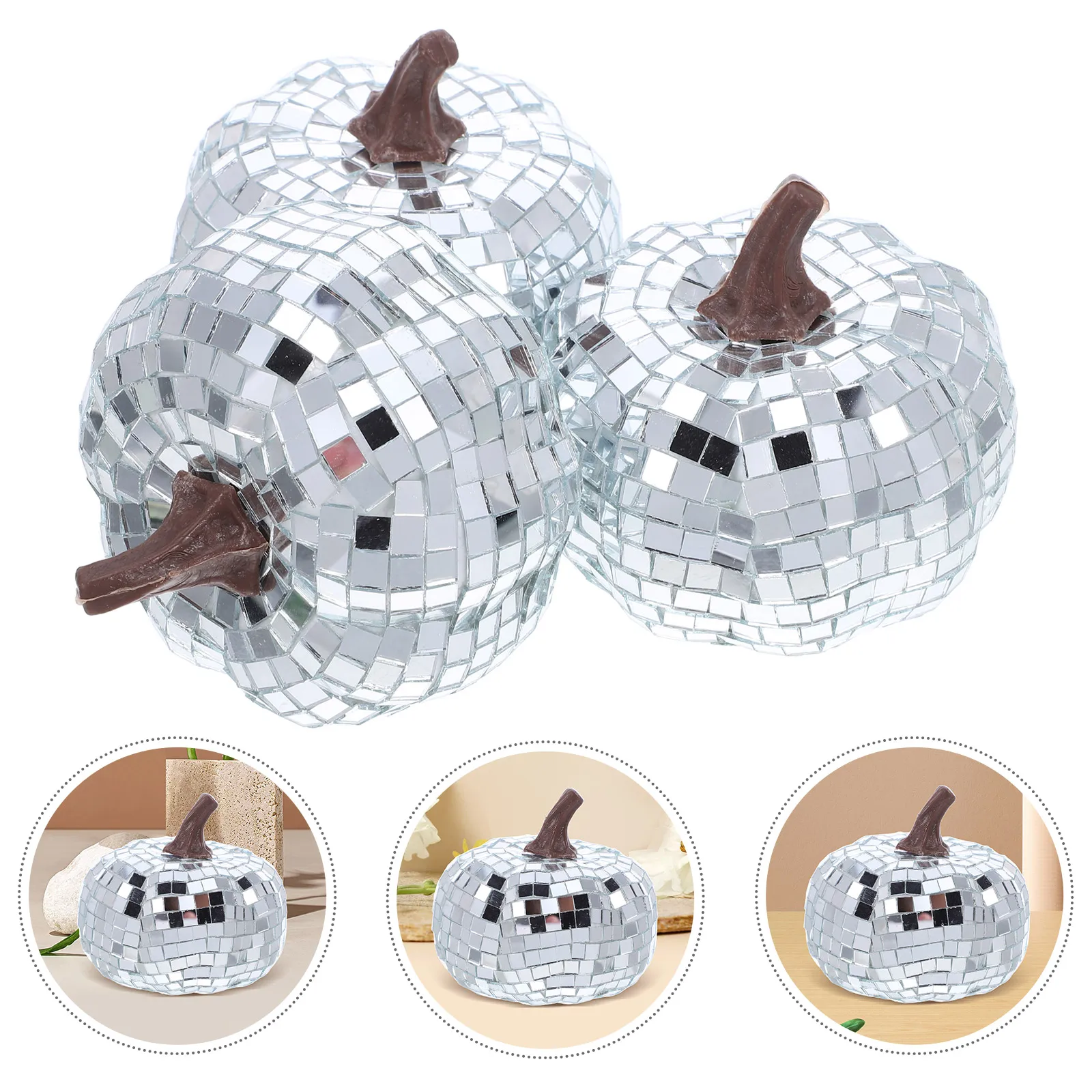 

3pcs Mirror Finish Pumpkin Ornaments Glass Decorative Figurines Festive Fall Halloween Party Decoration Retro Disco Ball