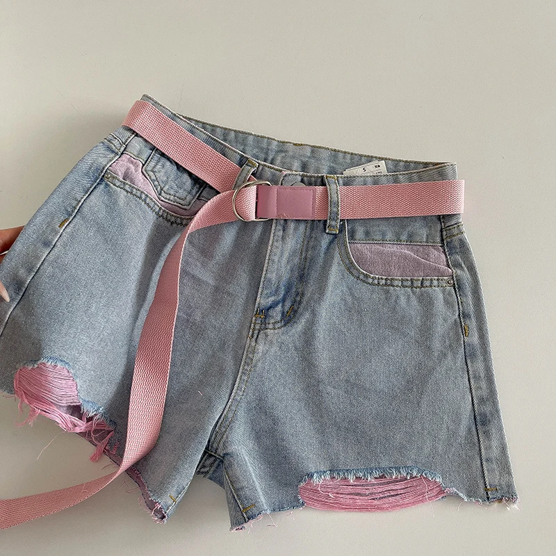 

Women Fashion Pink Denim Shorts With Belt Female Summer Fashion Frayed Wide Leg Jean Shorts Versatile Commute Short Pants