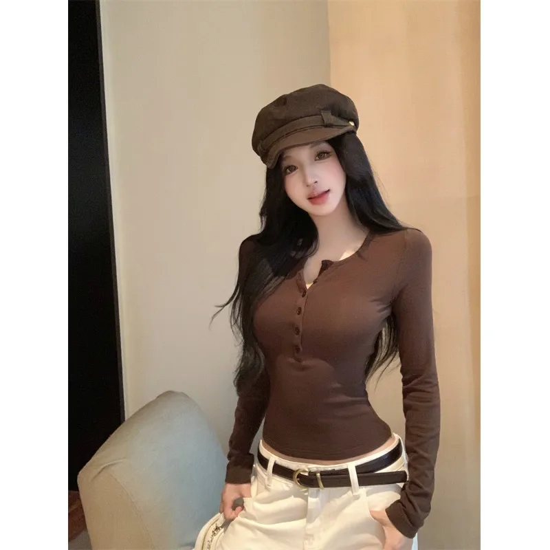 Koreańska koszulka damska na jesień i zimę, przyjazna dla skóry, elastyczna, dopasowana, wkładana przez głowę, bazowa, codzienna, bawełniana...