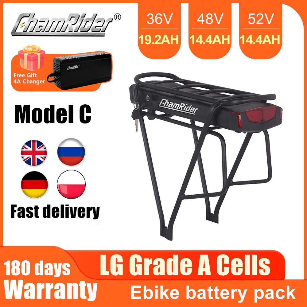 

ChamRider Model C Rear Rack Battery 36V 48V Electric Bike Battery 14.4AH 21700 Cell 40A BMS Ebike Lithium Battery Big Capacity