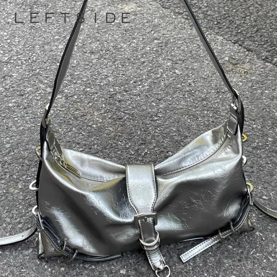 LEFTSIDE Silver Shoulder Bags for Women 2023 Y2K Small PU Leather Korean Fashion Female Belt Design Underarm Handbags and Purses