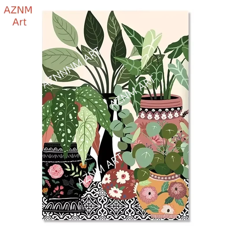 Modern Wall Art Canvas Painting Nordic Greek Tile Botanical House Plants Art Poster Boho Green Leaves Decor Picture Home Deco view 4