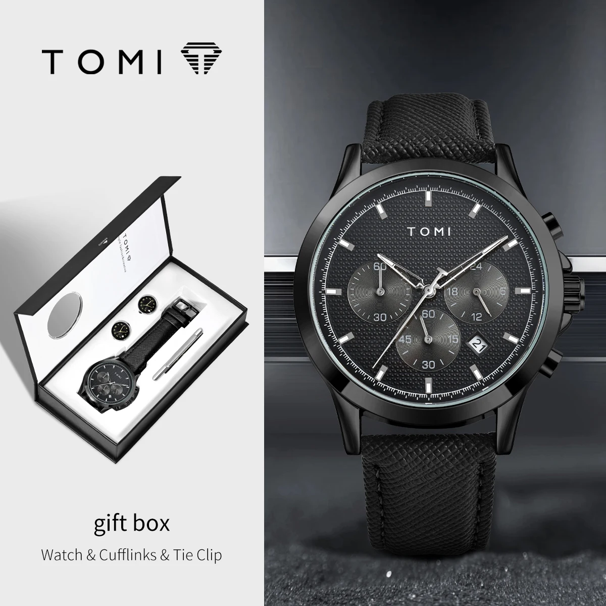 TOMI Luxury Business Four-piece Set Men's Quartz Watch Casual Fashion Men's Cufflinks Tie Clip Watch Gift Box Christmas Gift