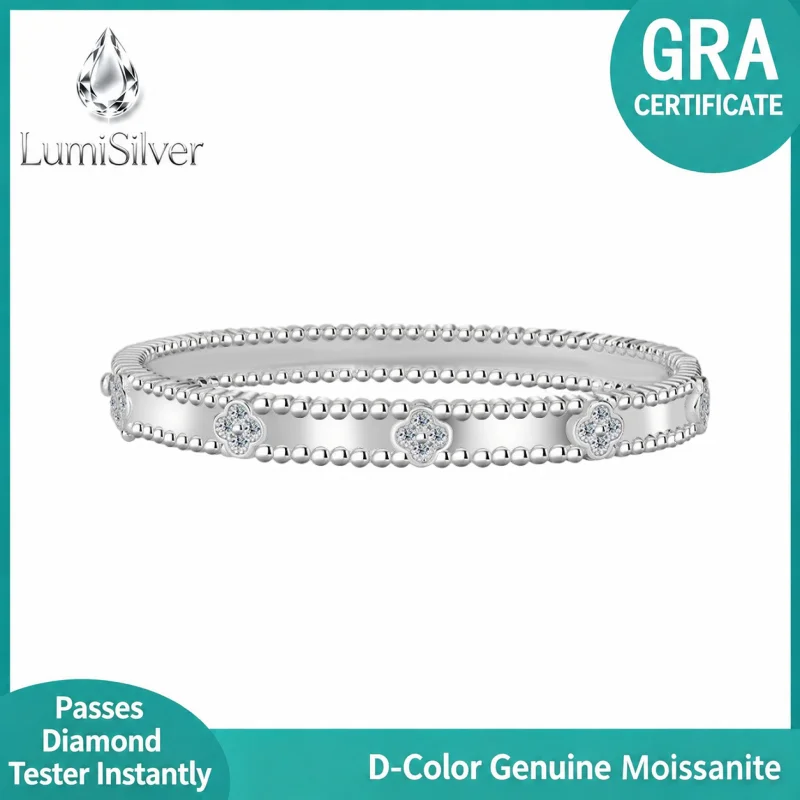 Moissanite Bangle Bracelet S925 Sterling Silver Beaded Edge Geometric Floral Stackable Women Fine Jewelry
