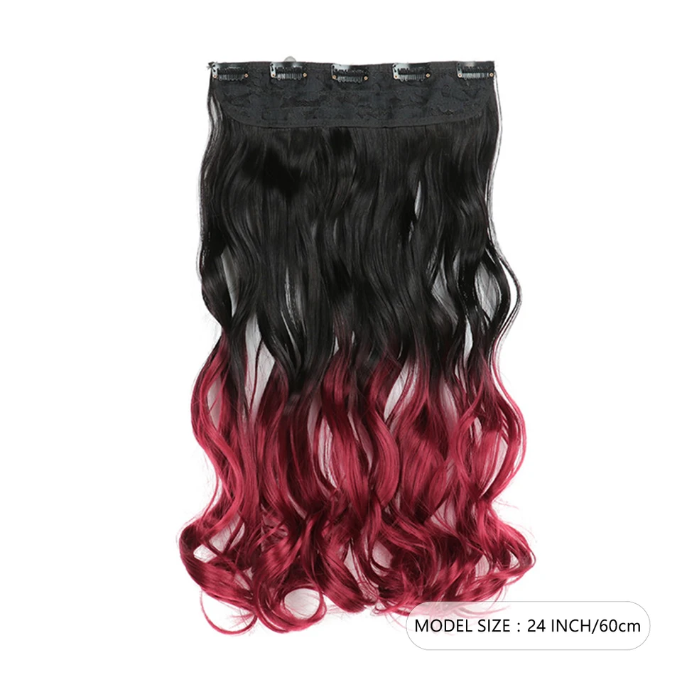 Extensión de cabello rizado largo con clips de 24 pulgadas, ombre de dos tonos, sintética gruesa (negro a rojo oscuro) 2