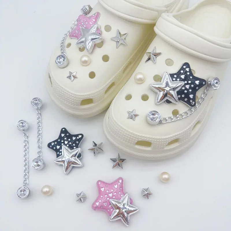 

Fashion Shoe Charms Set Accessories Hole Shoe Buckle Pentagram Pearl Rhinestone Chain DIY 3D Shoes Decorations