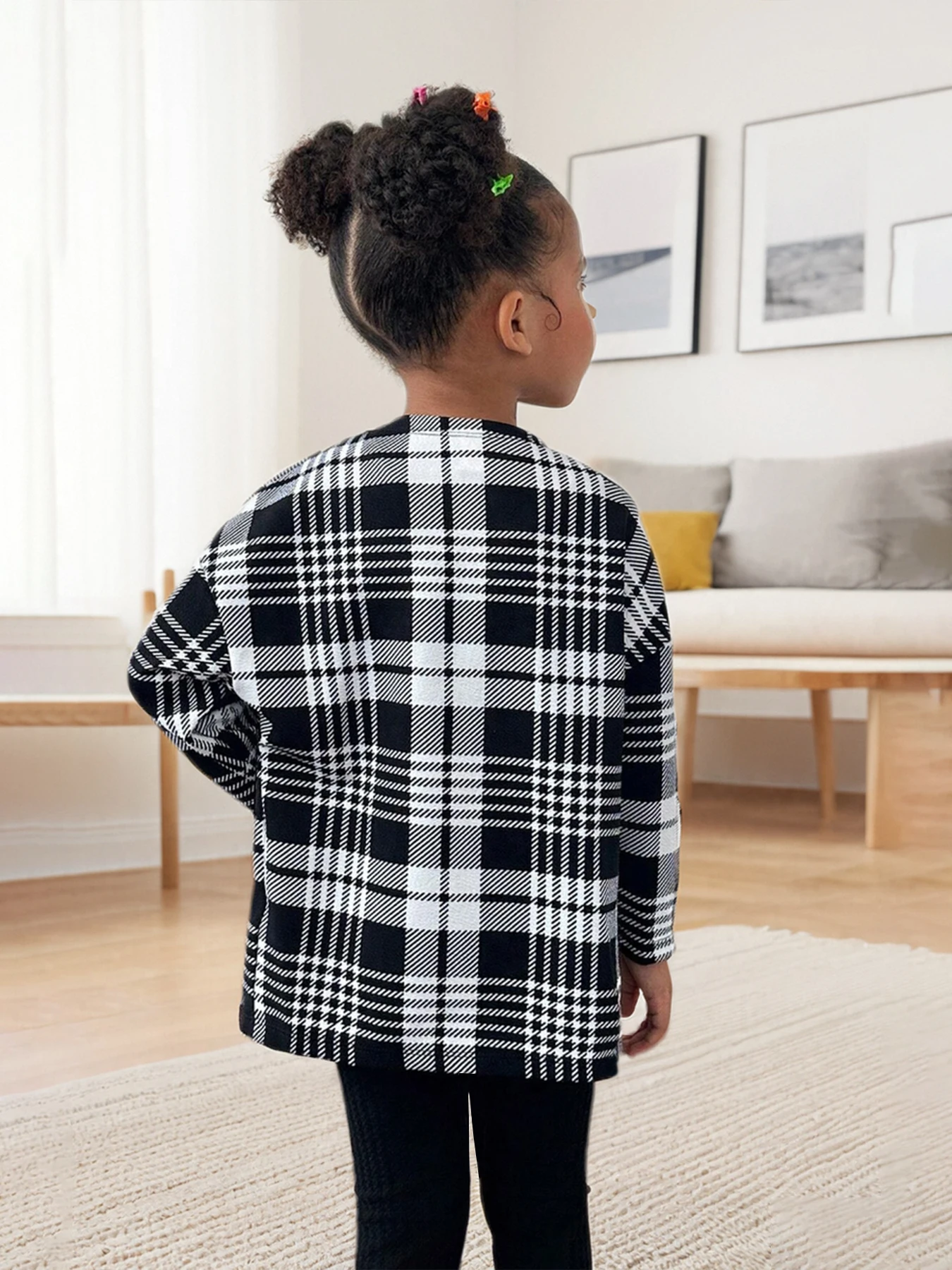 Trendy Girls 3‑Pcs Set Black White Plaid Cardigan Waffle Crop Tank Top Bow Leggings For Vacation Street School Daily Outfits