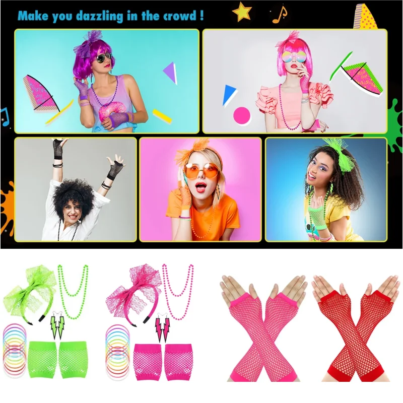 

80s Accessories Women Lace Headband Earrings Fishnet Gloves Necklace Bracelet for 80s Retro Party Fish Net Arm Sleeve Halloween