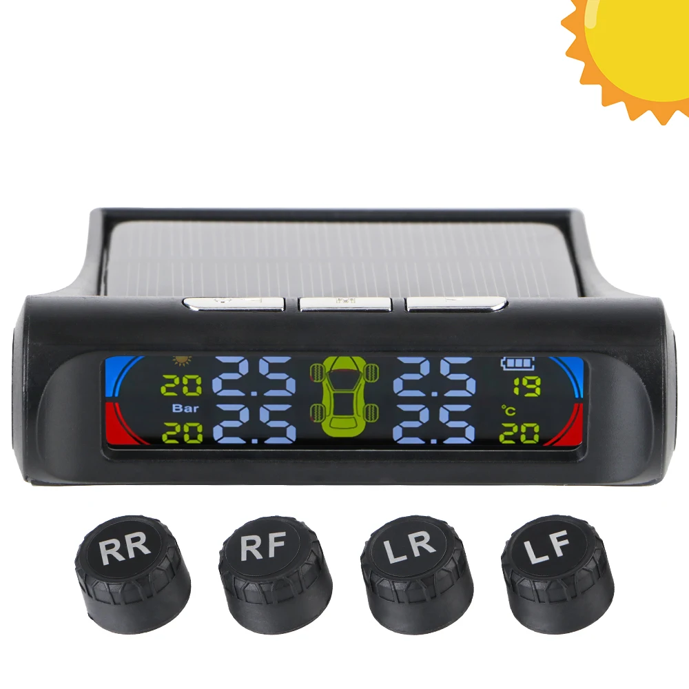 السيارات TPMS سيارة نظام مراقبة ضغط الإطارات جهاز قياس درجة حرارة الإطارات الشمسية TPMS إنذار أمان السيارات الرقمية 0-6Bar AN01