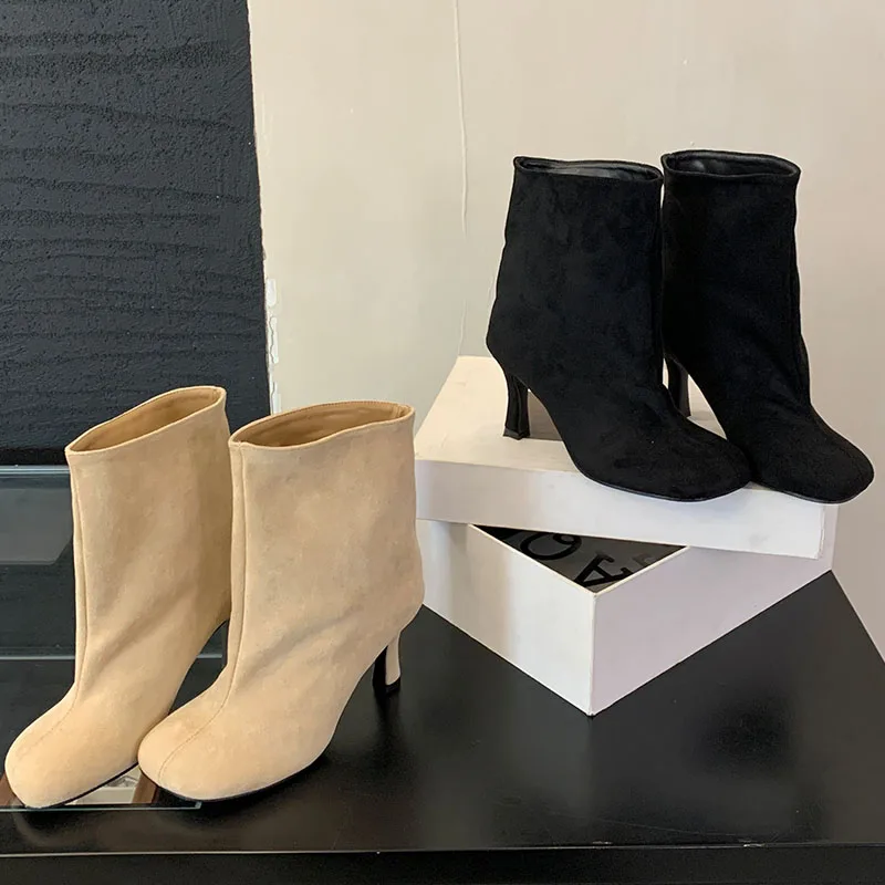 Botines aterciopelados de punta redonda para mujer, zapatos de tacón fino, a la moda, estilo occidental