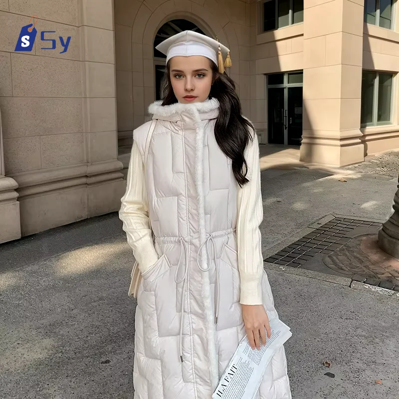 

Sy 2024 Autumn Winter New Hooded Down Cotton Jacket Women's Waistcoat Waist Length Over The Knee Fashion Thickened Vest To Wear