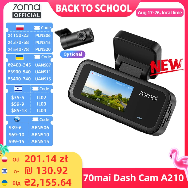 【New】70mai A210 Dash Cam 1080P HDR Night Vision Support Dual-Channel Supercap...