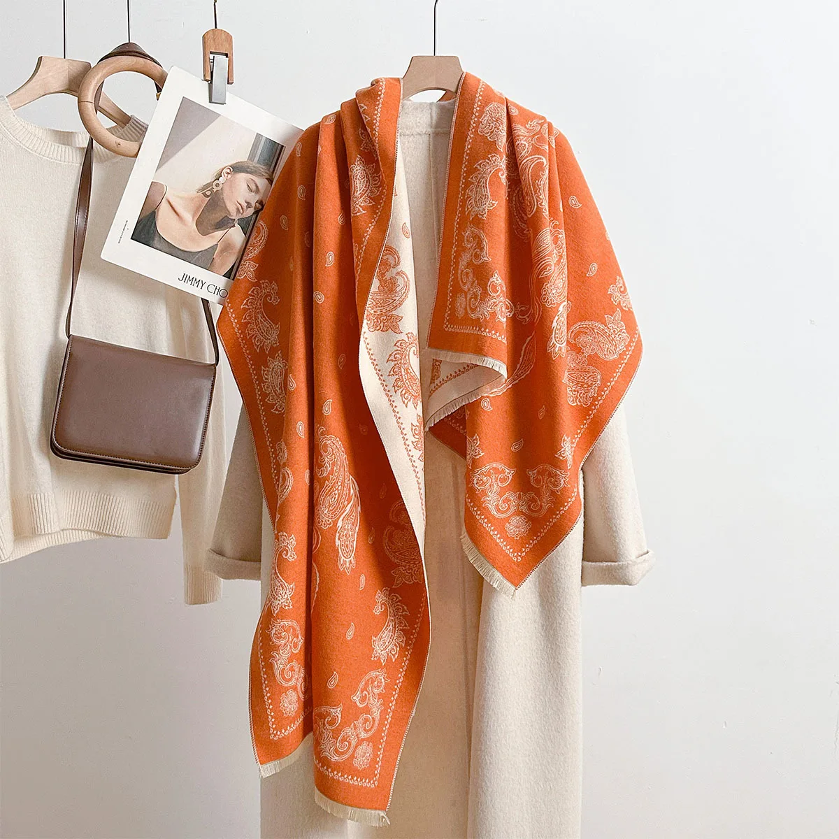 Fashion Reversible Cashmere Feel Scarf For Women Elegant Orange Paisley Pattern Fringed Shawl Warm Outerwear Matching Neck