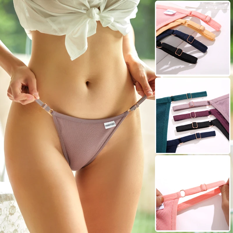 2PCS/Set Women\'s Panties Cotton Thongs Finetoo Adjustable Waist Sexy G String Solid Color Seamless Female Underpants Lingerie