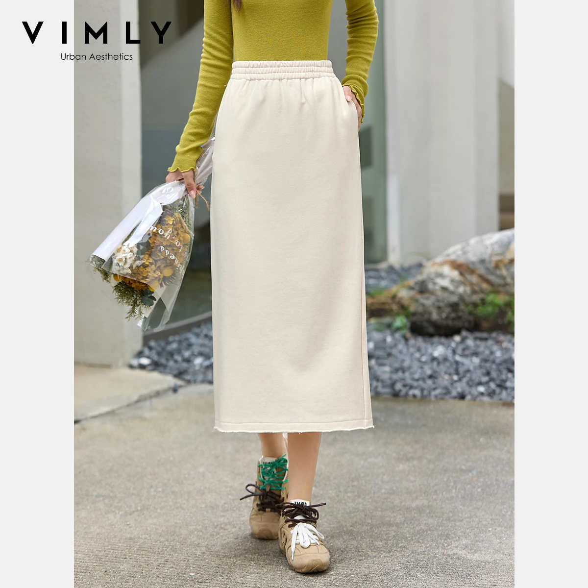 VIMLY Woman Long Skirt Casual Apricot Knitted Ladies Skirts Sporty Slit Straight Hem Female Skirts 2026 Autumn Clothes A2856