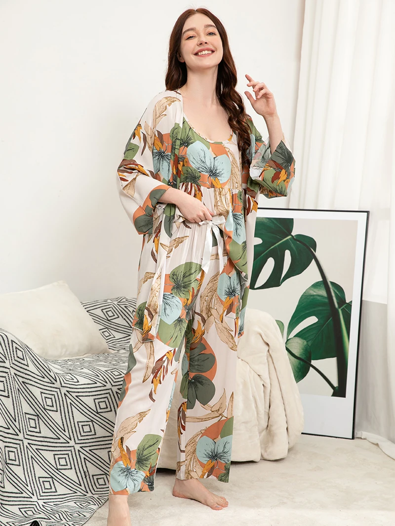 Spring Autumn Plus Size S-XXXL Viscose Floral Printed Women Sleepwear Ladies Loose Thin Homewear Three-piece Pajamas Set
