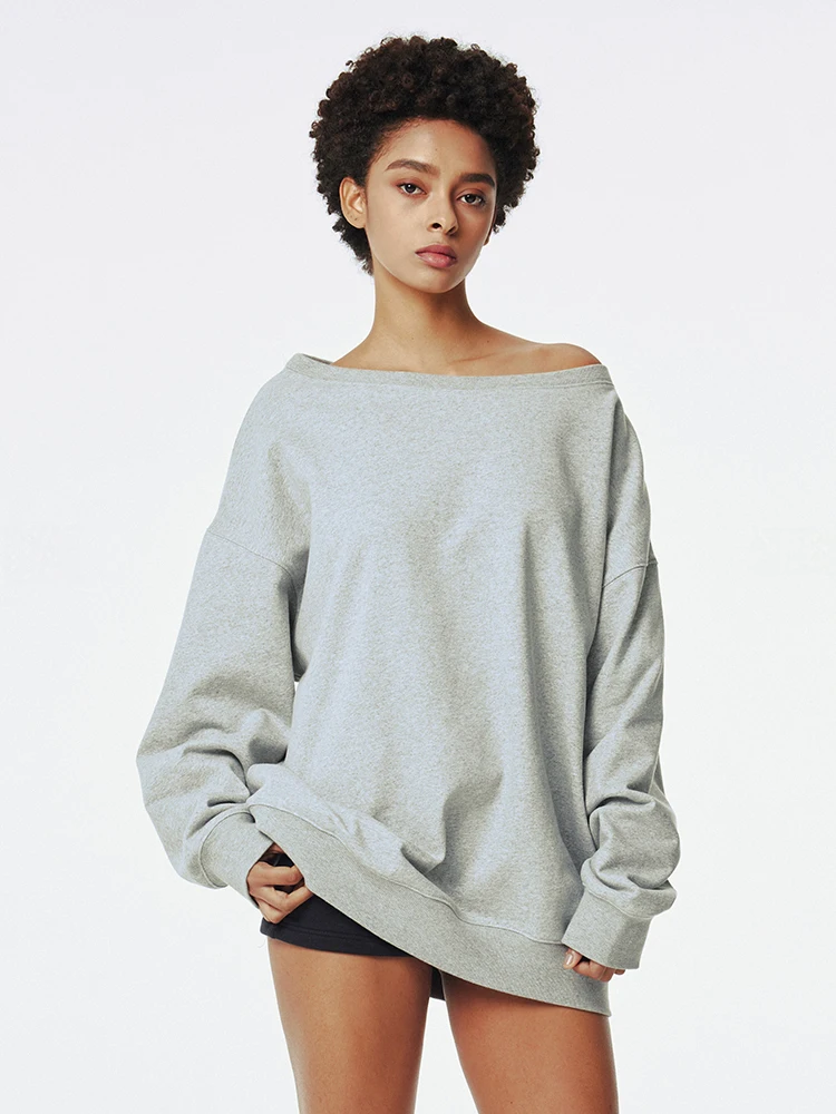 Off-Shoulder Sweatshirt for Women Loose Long Sleeve Tops Thin Knitting Sweatshirts Black and Gray Daily Leisure New 2024 Autumn