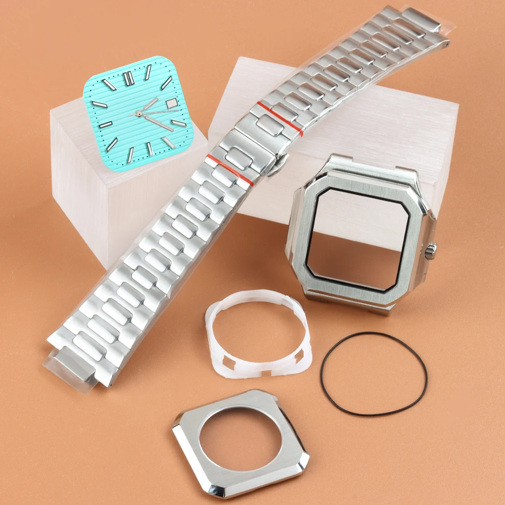 

29.5mm Square Dial Hand Green Luminous 41mm Silver Watch Case Sapphire Glass For Cabitus NH35 NH36 NH38 Movement Stainless Steel