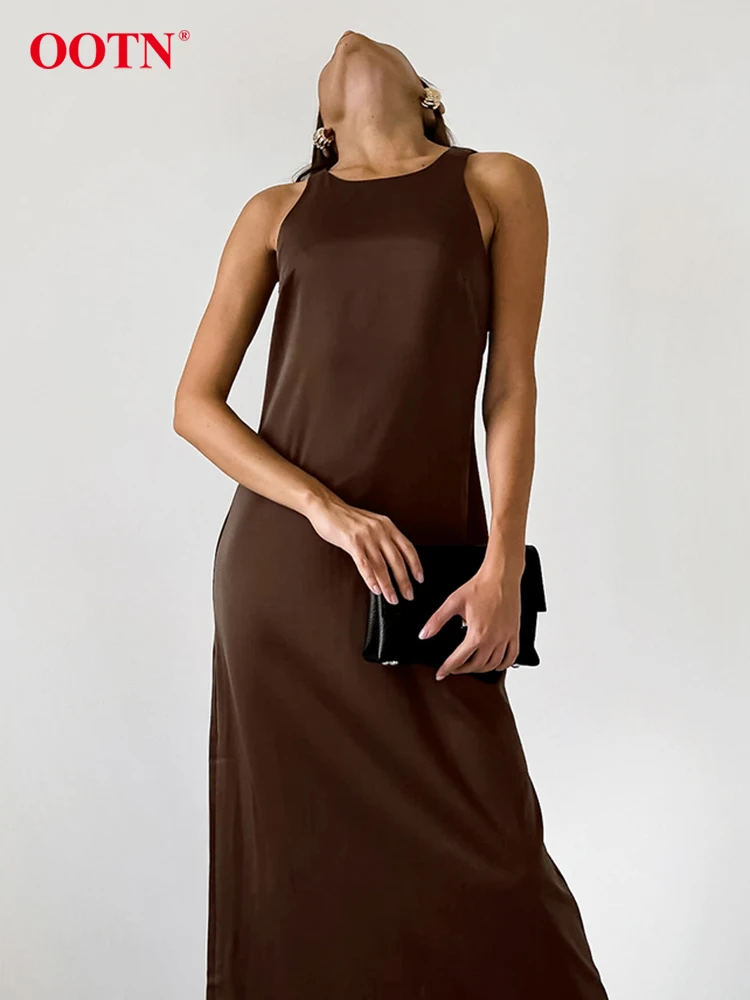 OOTN Summer Satin Brown Dress Women 2024 Elegant O-Neck Solid Straight Dresses Fashion Sleeveless Sexy Long Dress Female Vintage