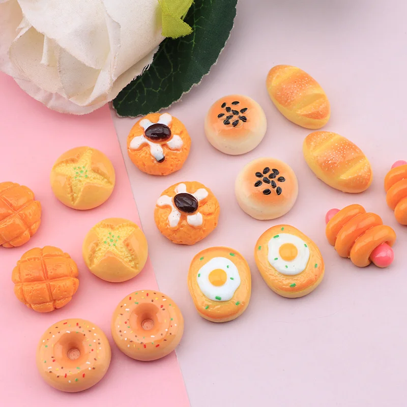 10ชิ้นการจำลองขนมปังโดนัทอาหารเรซินหลังแบนอุปกรณ์เสริมบ้านตุ๊กตาเด็กวัสดุสมุดภาพงานประดิษฐ์ทำมือ DIY