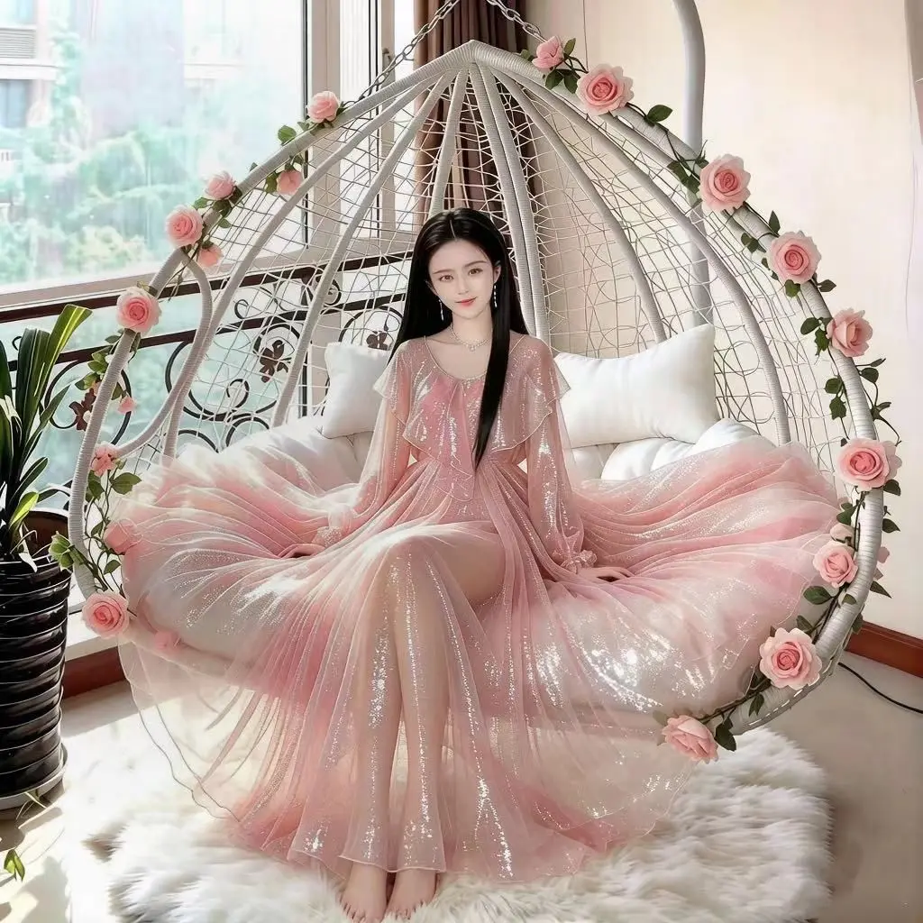 Unisex Gauze Voile Glossy Women Satin Long Maxi Dress Pullover Elegant Dresses Sleeping Wear