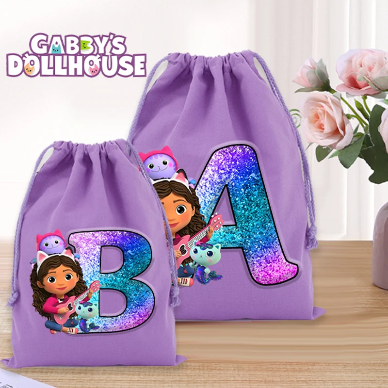 

Gabby's Dollhouse Canvas Drawstring Pocket Family Toy Storage Bag Letter A-Z Printed Festival Party Candy Gift Packaging Pockets