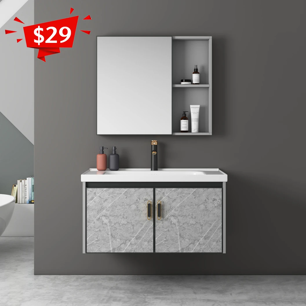 

Bathroom Furniture Commercial Grey Aluminium Floating Wall Mounted Mirrored Bathroom Vanity Cabinet Unit With Sink