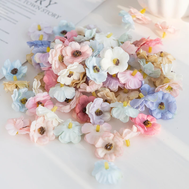 50PC Multicolor Artificial Flowers for Wedding Home Decoration Christmas Wreath Scrapbooking DIY Gifts Box Mini Silk Daisy Heads