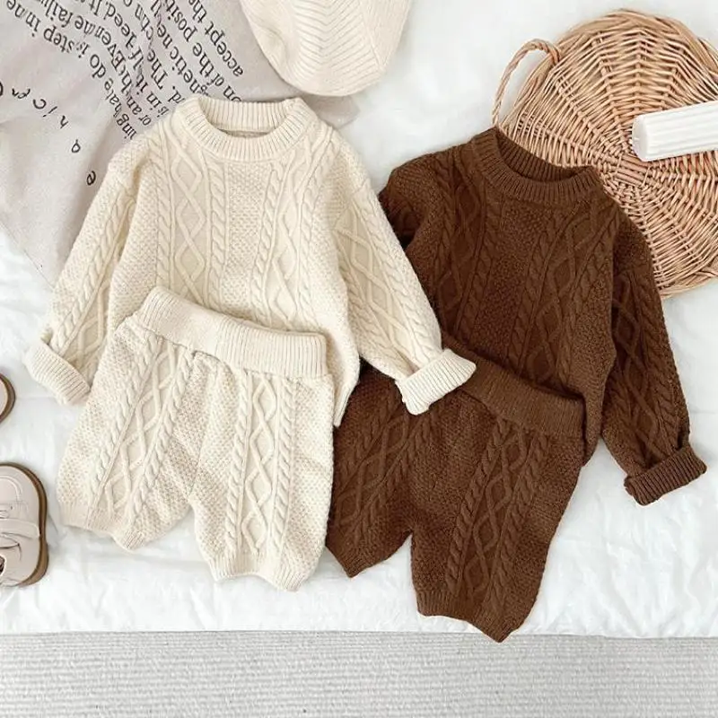 Autumn Winter Children Knitted Twist Sweater Set Kid Boy Girl Retro Casual Tops + Shorts 2pcs Baby Knitting Pullover Shirt Suit