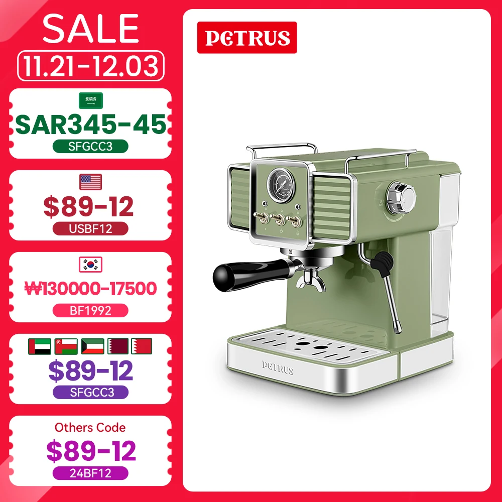 

Petrus Coffee Maker Espresso Machine 15 Bar High Power With Commercial Stainless Steel Portafilter