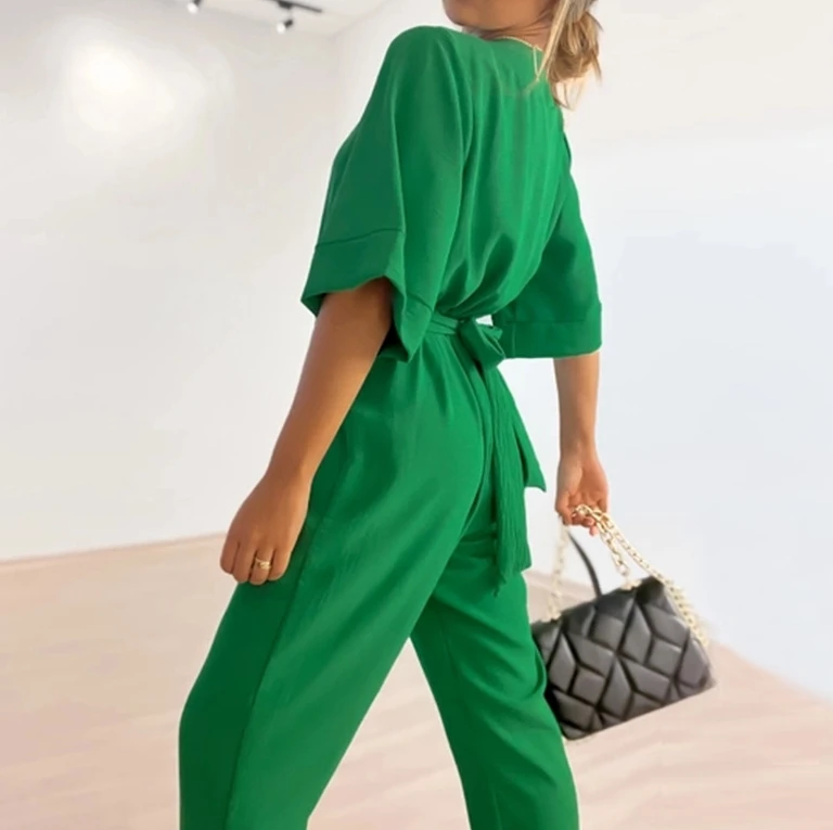 Women's Casual Jumpsuit Summer Elegant Sweet Solid Color Loose V-neck Flared Short Sleeved Tie Details Straight Pants Jumpsuit
