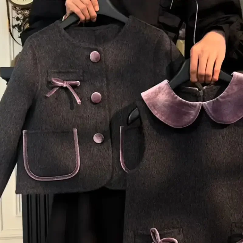 

Children Elegance Top Clothing Autumn Winter Girls Clothes Set Fashion Retro Woolen Coat Jacket+Short Skirt 2Pcs Suits Kids suit