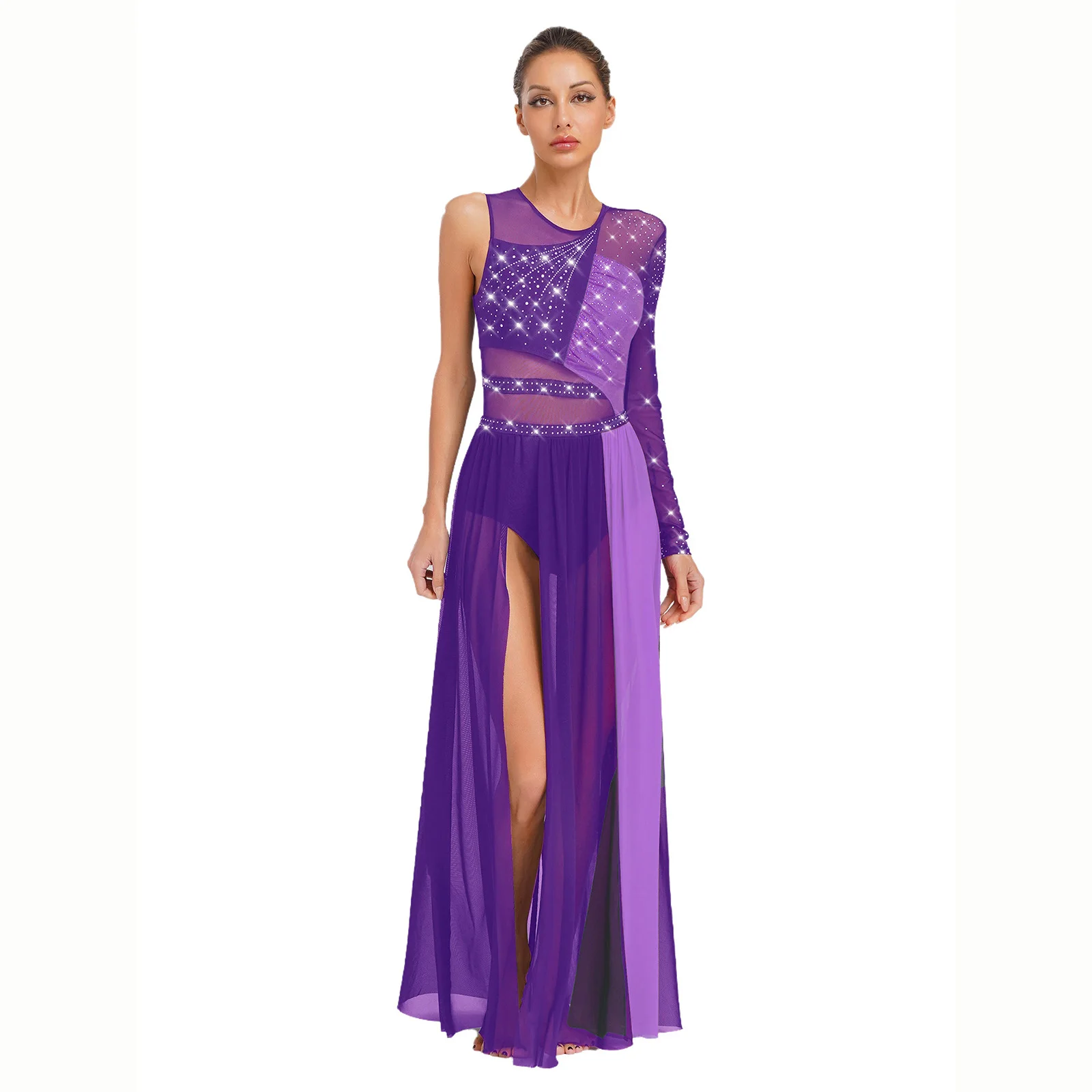 

Women Side Split Leotards Lyrical Dance Dress Sheer Mesh Color Block Patchwork Rhinestones Dress Dance Modern Contemporary Dress
