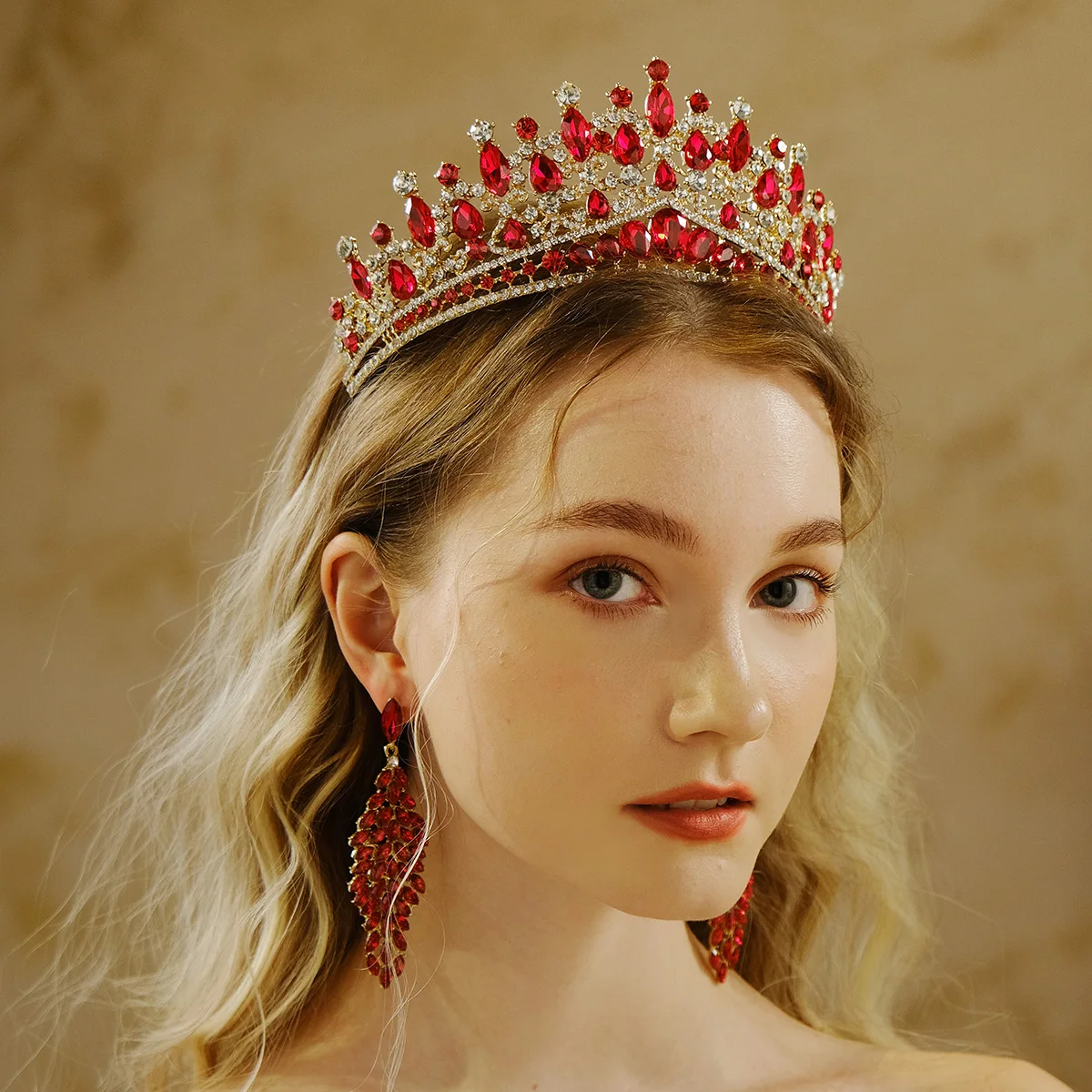 Rote Luxus Braut Hochzeit Krone handgemachte Strass elegante Tiara Halloween rote Kollektion Haarbänder Kopfschmuck Zubehör – Detail 2