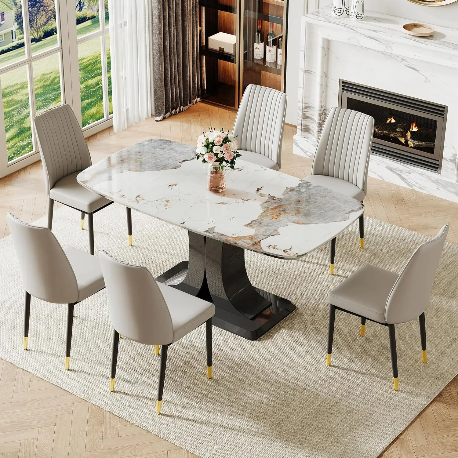 

Современный обеденный гарнитур на 6 персон, мраморный кухонный стол и стулья на 6, прямоугольный кухонный стол с 6 стульями из искусственной кожи, на заказ